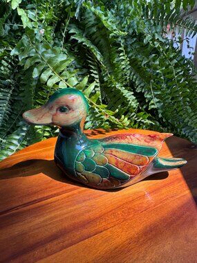 Vintage Resin Mallard Duck Figurine - Green & Brown Glazed Decoy Statue - MCM